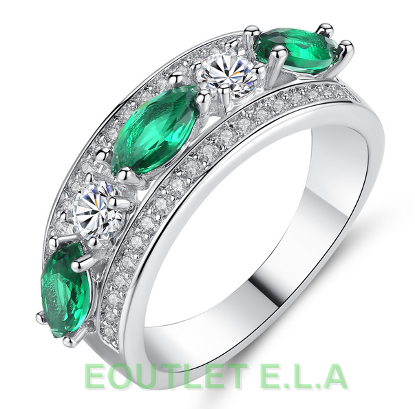 EXQUISITE EMERALD CZ WHITE GOLD DRESS RING-size 9